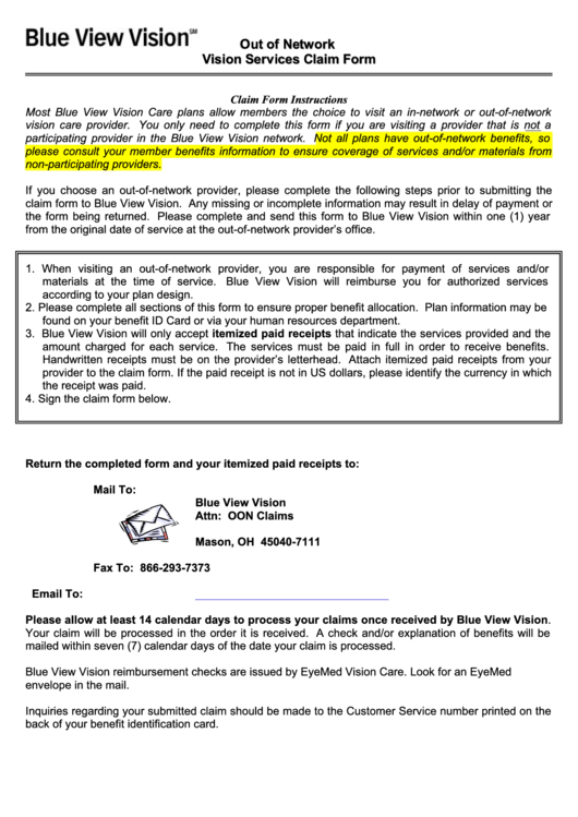 Vision Services Claim Form 2011 Printable Pdf Download