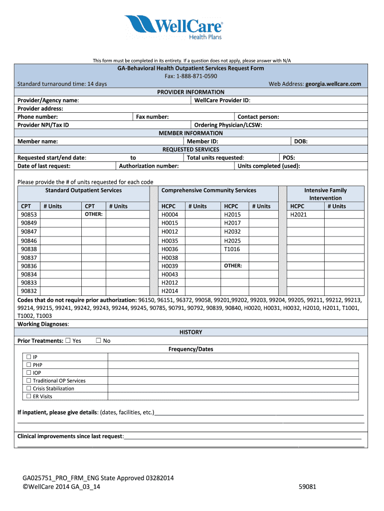 Wellcare Behavioral Health Service Request Form Fill Out And Sign 