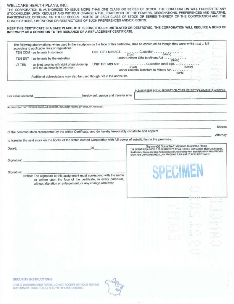 WELLCARE HEALTH PLANS INC FORM 10 Q EX 4 1 COMMON STOCK 