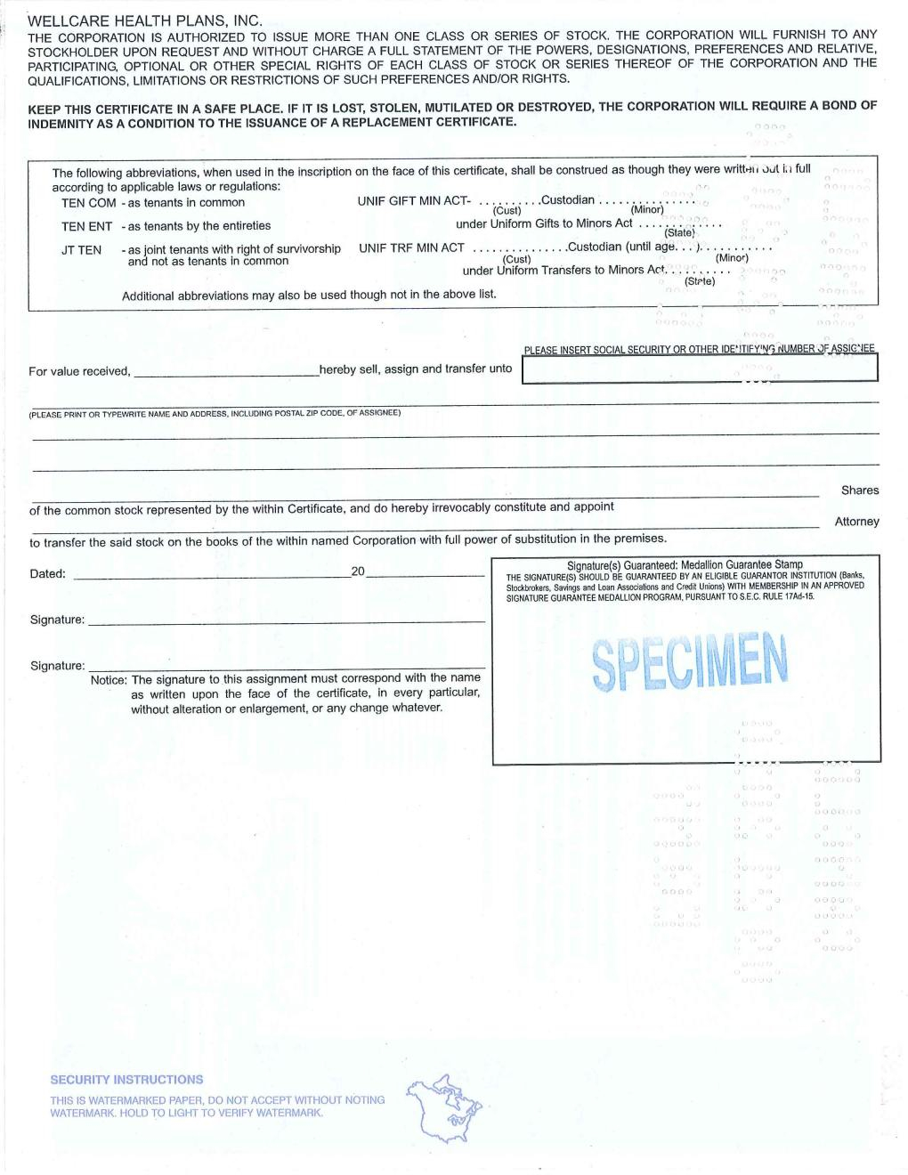 WELLCARE HEALTH PLANS INC FORM 10 Q EX 4 1 COMMON STOCK