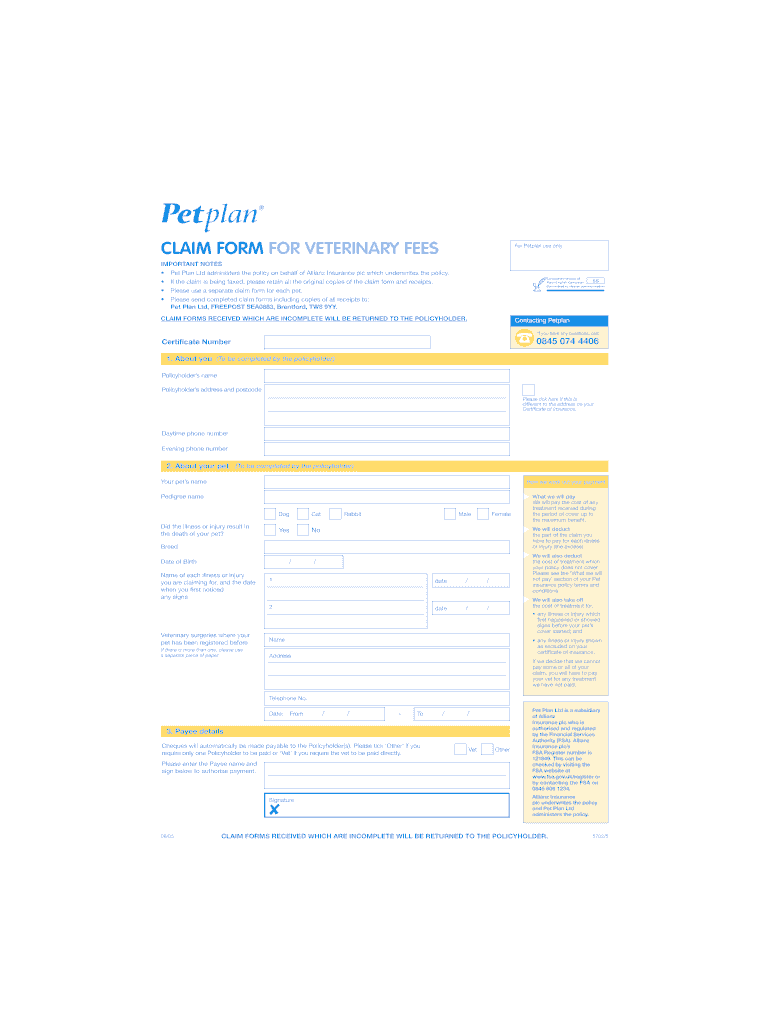 2005 AU Petplan Veterinary Fees Claim Form Fill Online Printable 