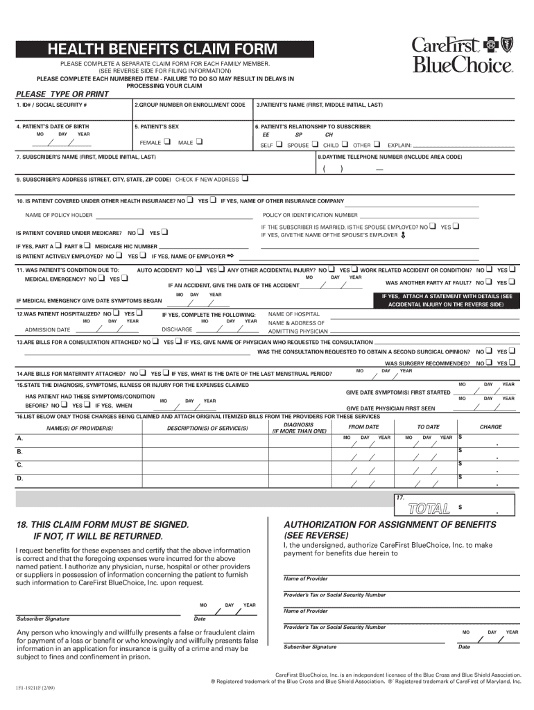 2009 Form CareFirst BlueChoice 1F1 19211F Fill Online Printable 