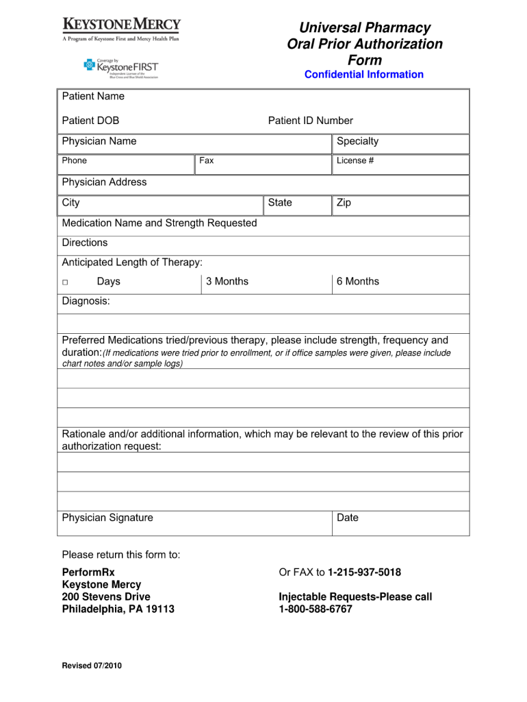 2010 Keystone First Universal Pharmacy Oral Prior Authorization Form 