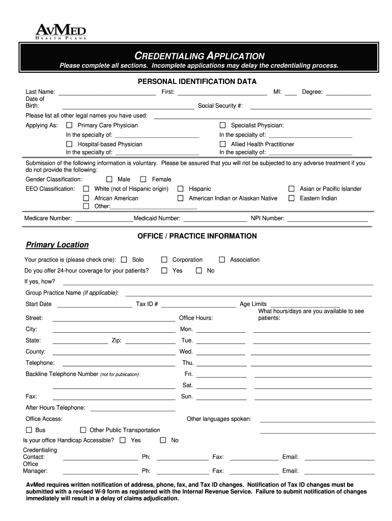 2011 Form AvMed Credentialing Application Fill Online Printable 