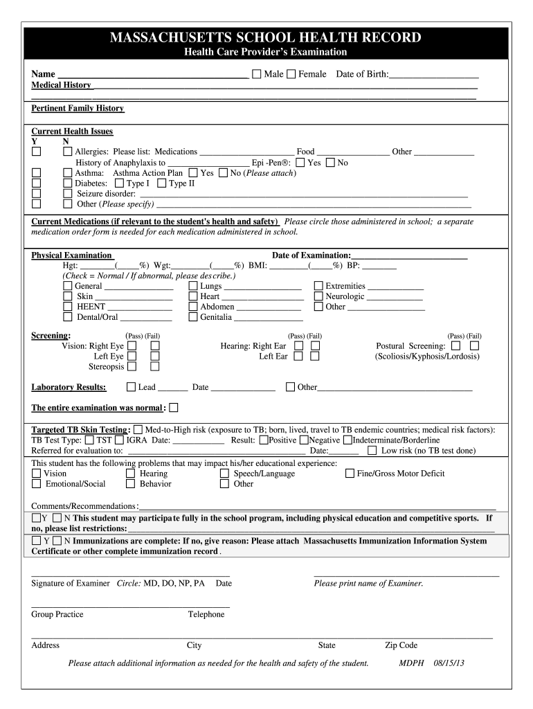 2013 2022 Form MA School Health Record Health Care Provider s