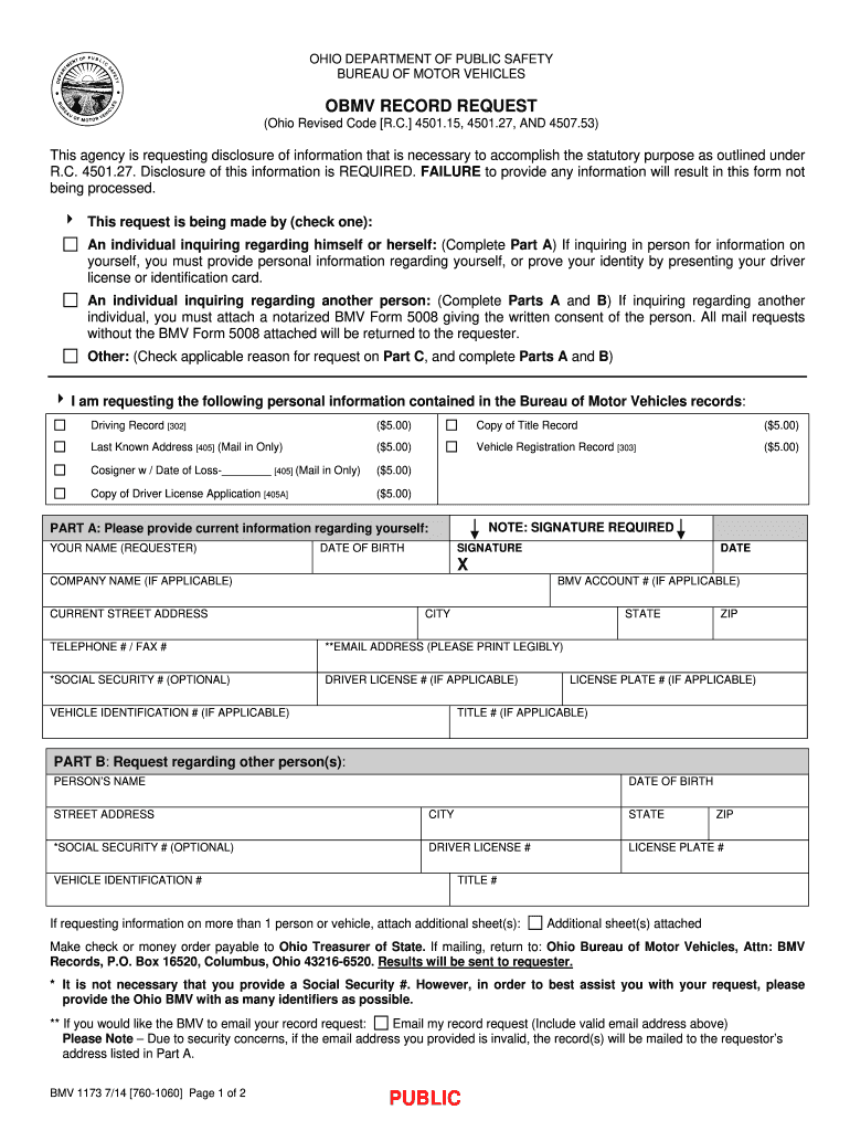 2014 2021 Form OH BMV 1173 Fill Online Printable Fillable Blank 