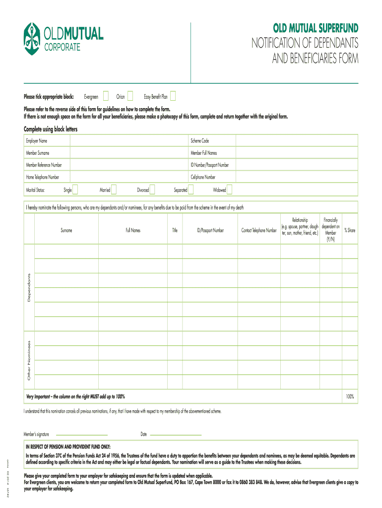 2014 Old Mutual Notification Of Dependants And Beneficiaries Form Fill 