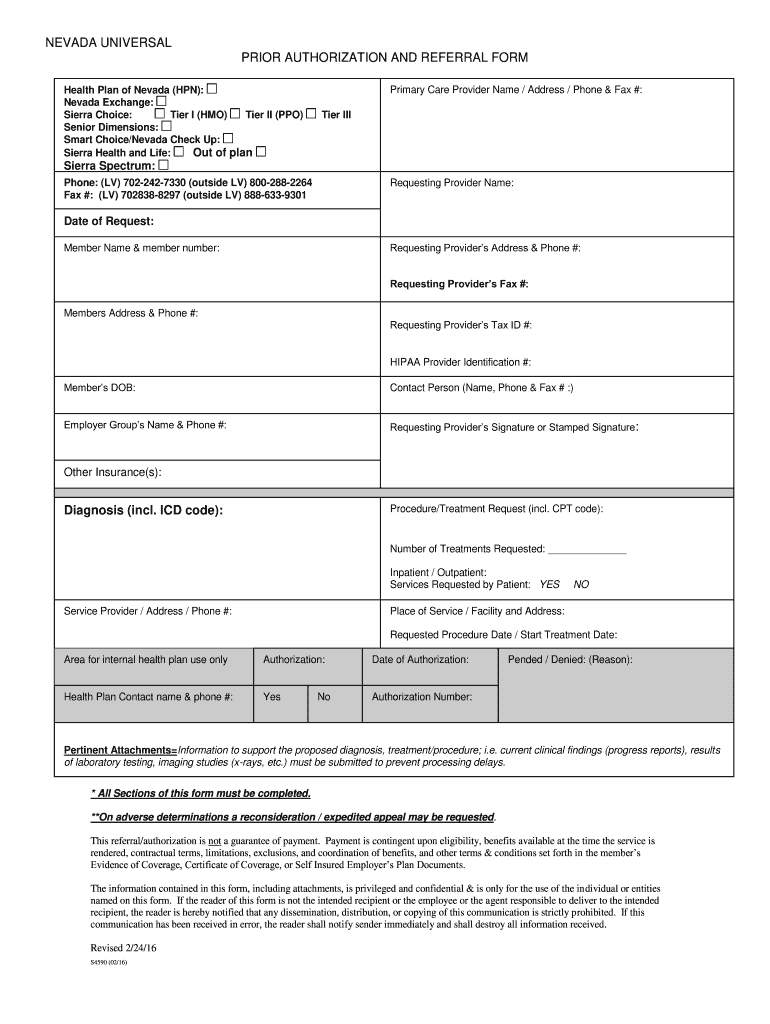 2016 2022 NV Prior Authorization And Referral Form Fill Online