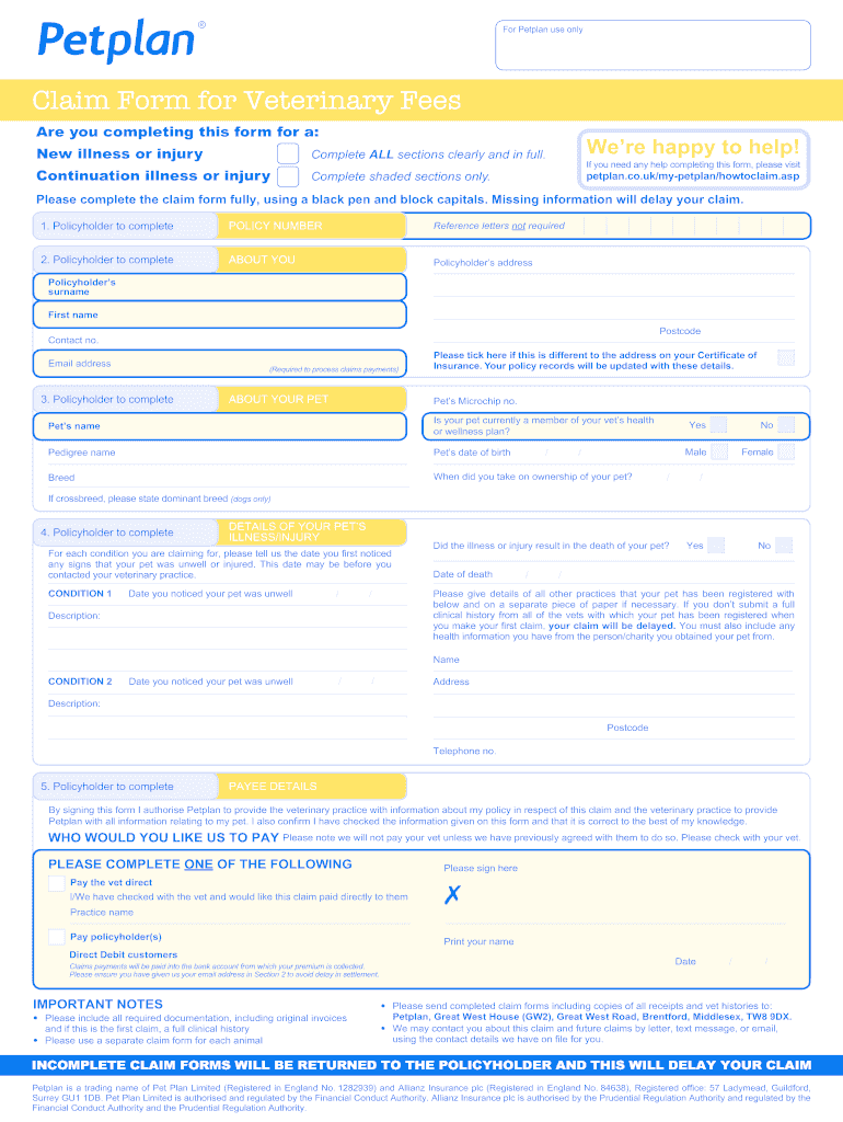 2016 2022 Petplan Claim Form For Veterinary Fees Fill Online Printable 