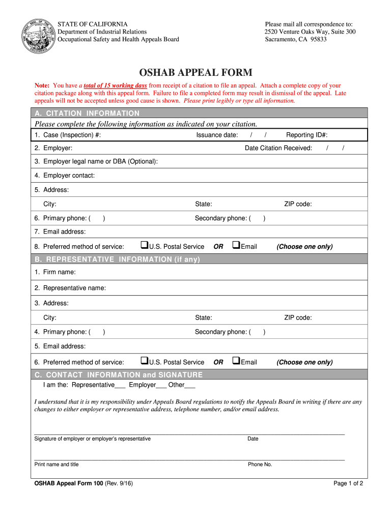 2016 CA OSHAB Appeal Form 100 Fill Online Printable Fillable Blank 