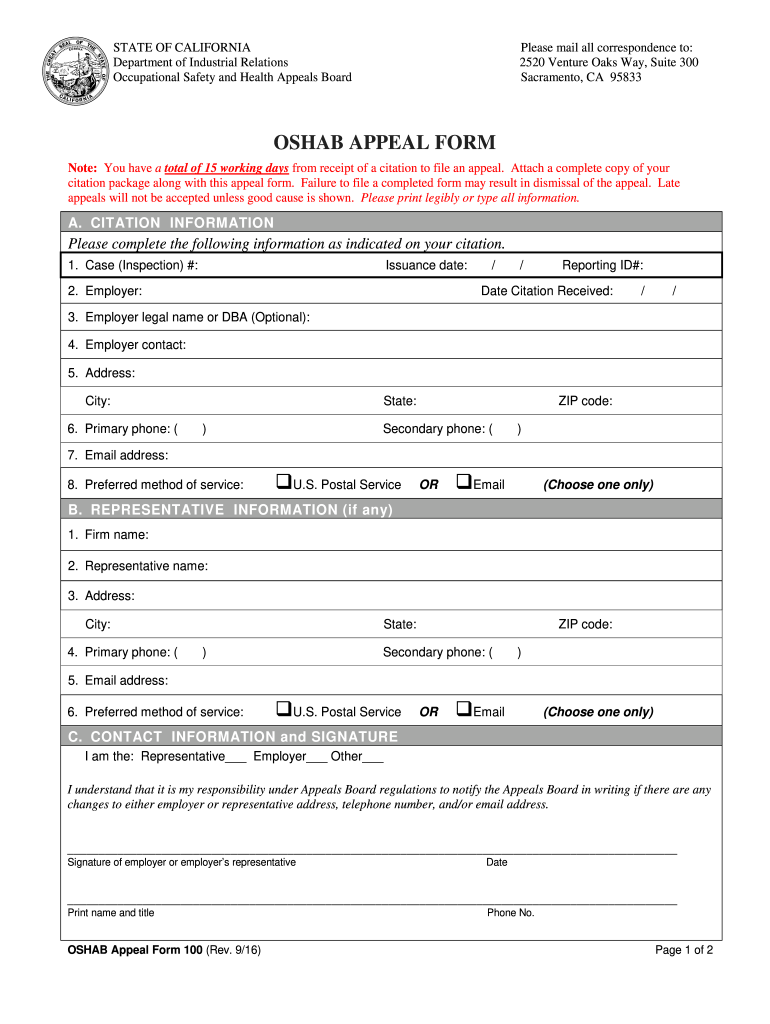 2016 CA OSHAB Appeal Form 100 Fill Online Printable Fillable Blank