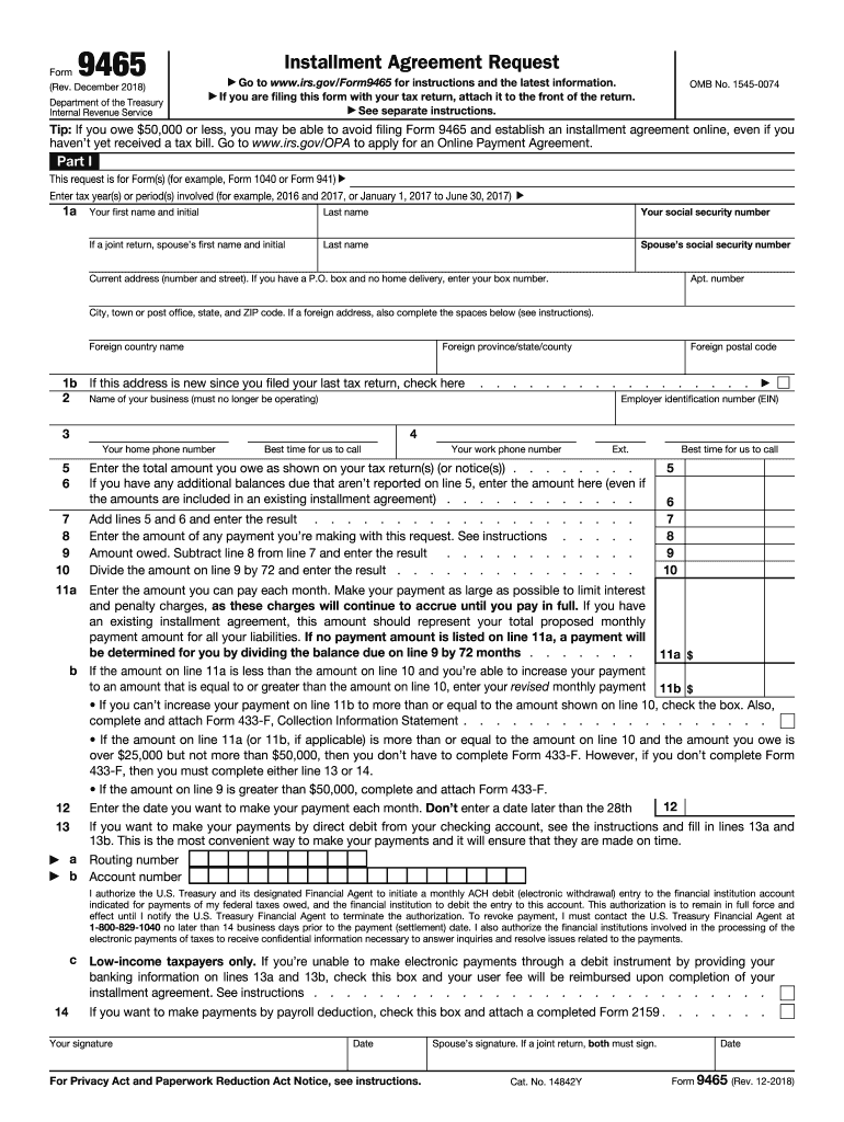 2018 2020 Form IRS 9465 Fill Online Printable Fillable Blank PDFfiller