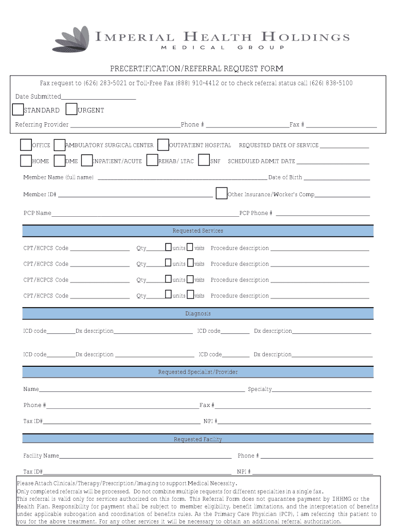 2019 2023 CA Imperial Health Holdings Precertification Referral Request