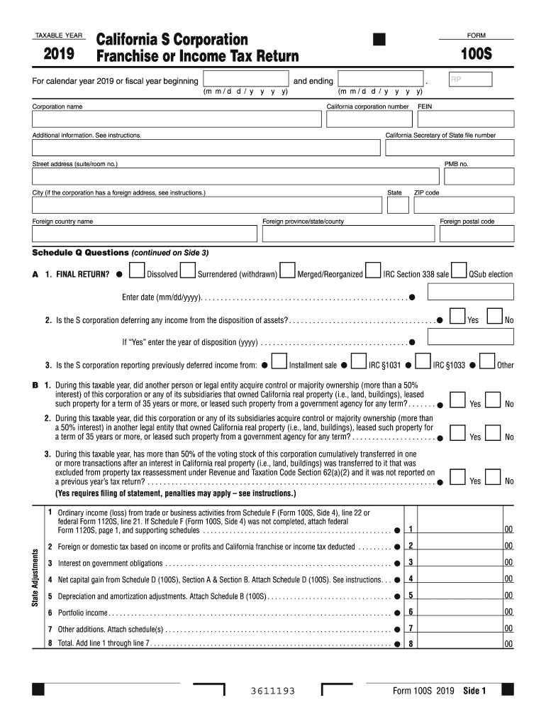 2019 Form CA FTB 100S Fill Online Printable Fillable Blank PdfFiller