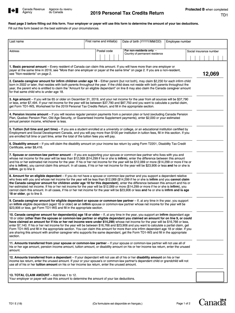 2019 Form Canada TD1 E Fill Online Printable Fillable Blank PdfFiller