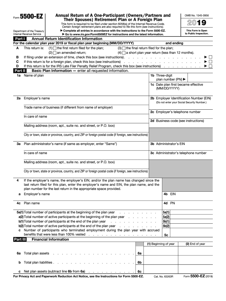 2019 Form IRS 5500 EZ Fill Online Printable Fillable Blank PdfFiller