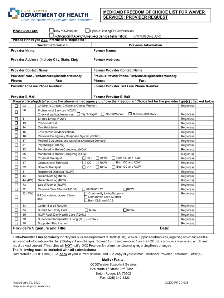 2020 2022 Form LA Medicaid Freedom Of Choice FOC List For Waiver 