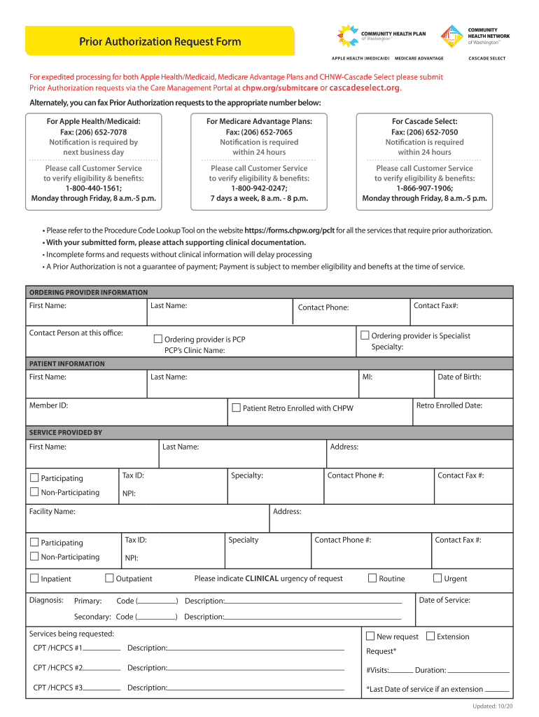 2020 2022 WA CHPW Prior Authorization Request Form Fill Online 