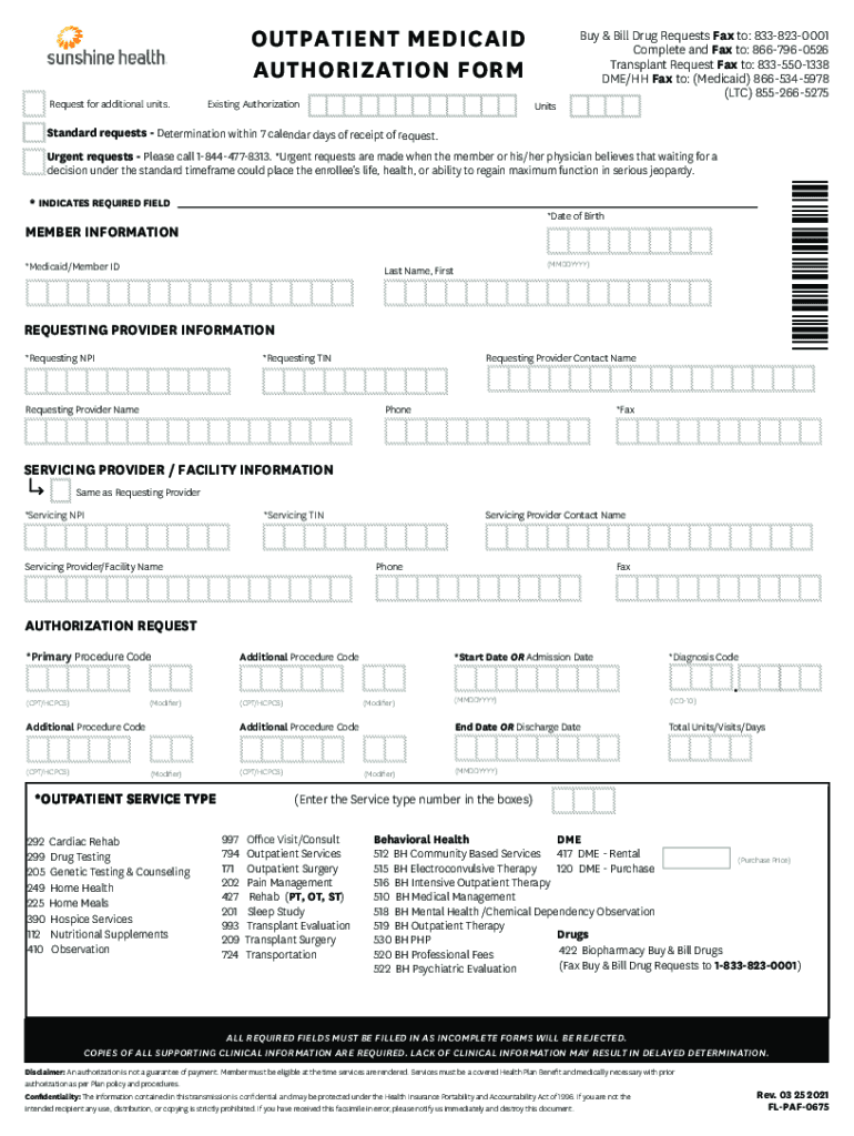 2021 FL Sunshine State Health Plan Prior Authorization Fax Form Fill 