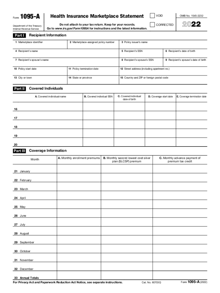 2022 Form 1095 A Health Insurance Marketplace Statement Fill Out