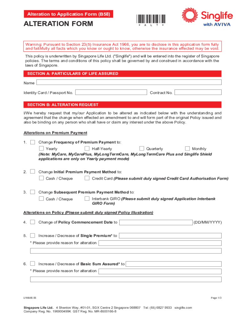 2022 Form SG Singlife With Aviva UWB58 06 Fill Online Printable 