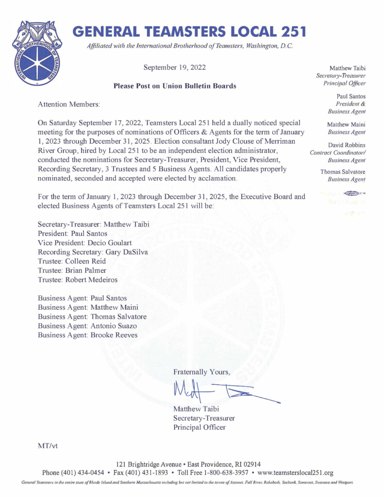 2022 Local Officer Agent Election Results Teamsters Local 251