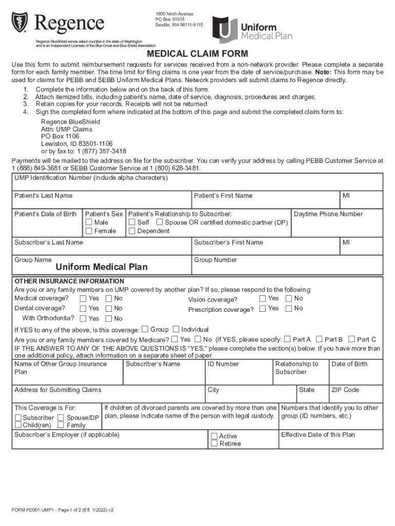 2022 WA Uniform Medical Plan Form PD001 UMP1 Fill Online Printable