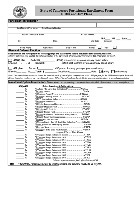 A State specific 401k Enrollment Form Printable Blank PDF And 