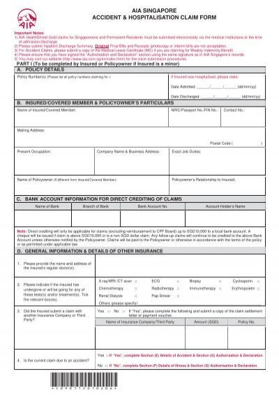 Accident And Hospitalisation Claim Form AIA Singapore