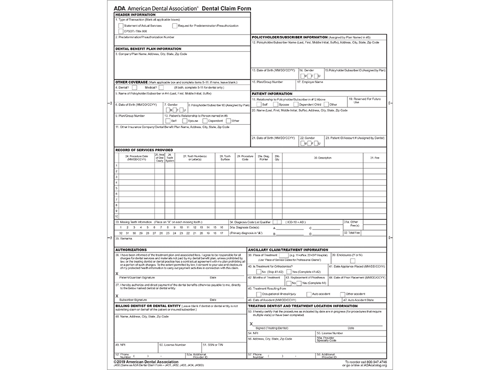 ADA Store Dental Claim Form 2019 Version Downloadable PDF