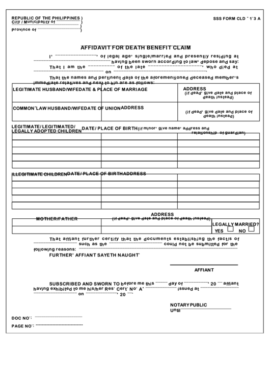 Affidavit For Death Benefit Claim Form Printable Pdf Download