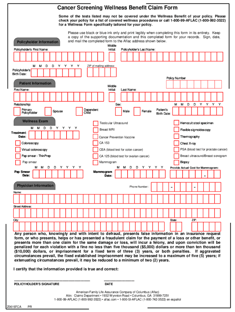 AFLAC Cancer Screening Benefit Claim Form Fill Out And Sign Printable 