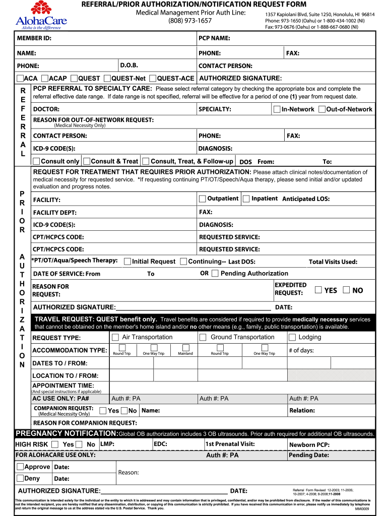 Alohacare Prior Auth Form Fill Online Printable Fillable Blank 