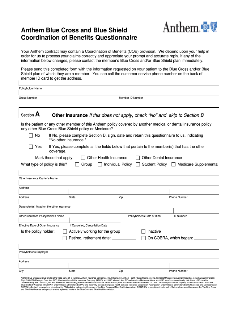 Anthem Coordination Of Benefits Form Fill Out Sign Online DocHub