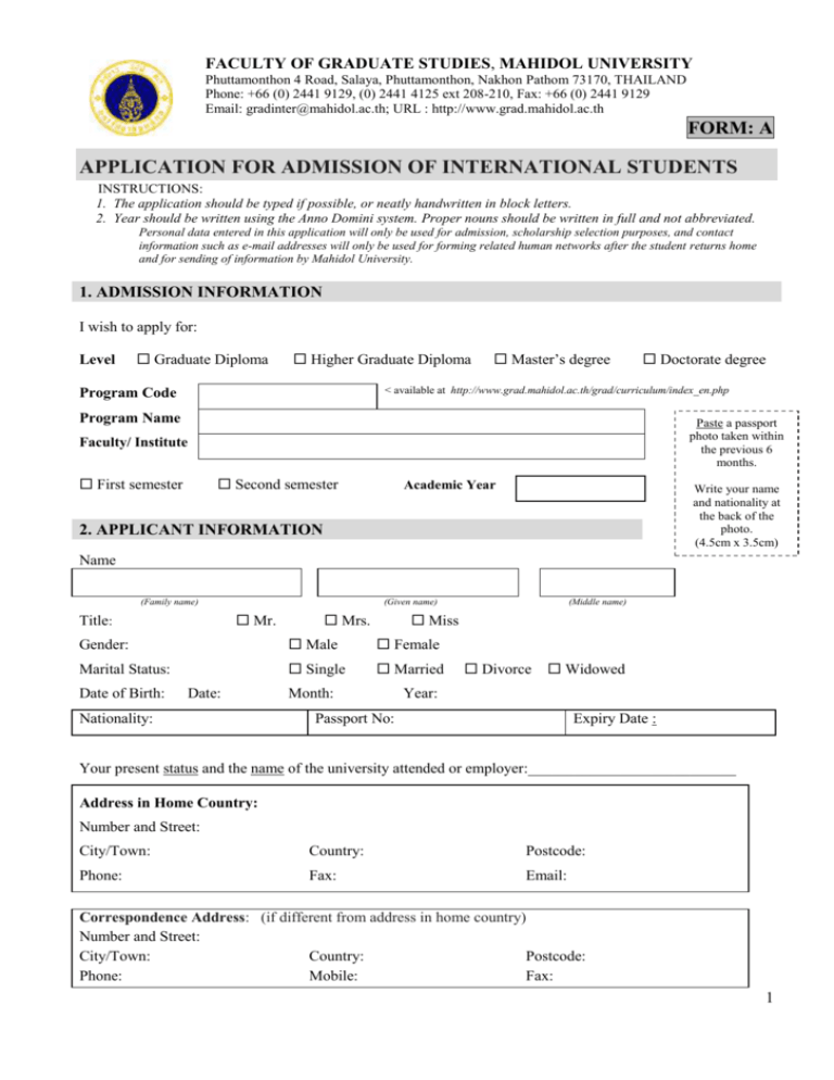 Applcation Form Mahidol University