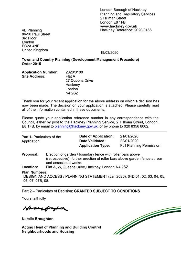 Application For Erection Of Garden Boundary Fence Hackney