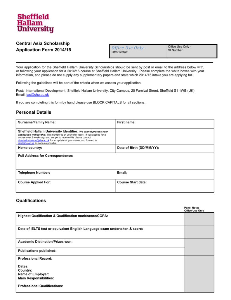 Application For Sheffield Hallam University Postgraduate Scholarship 