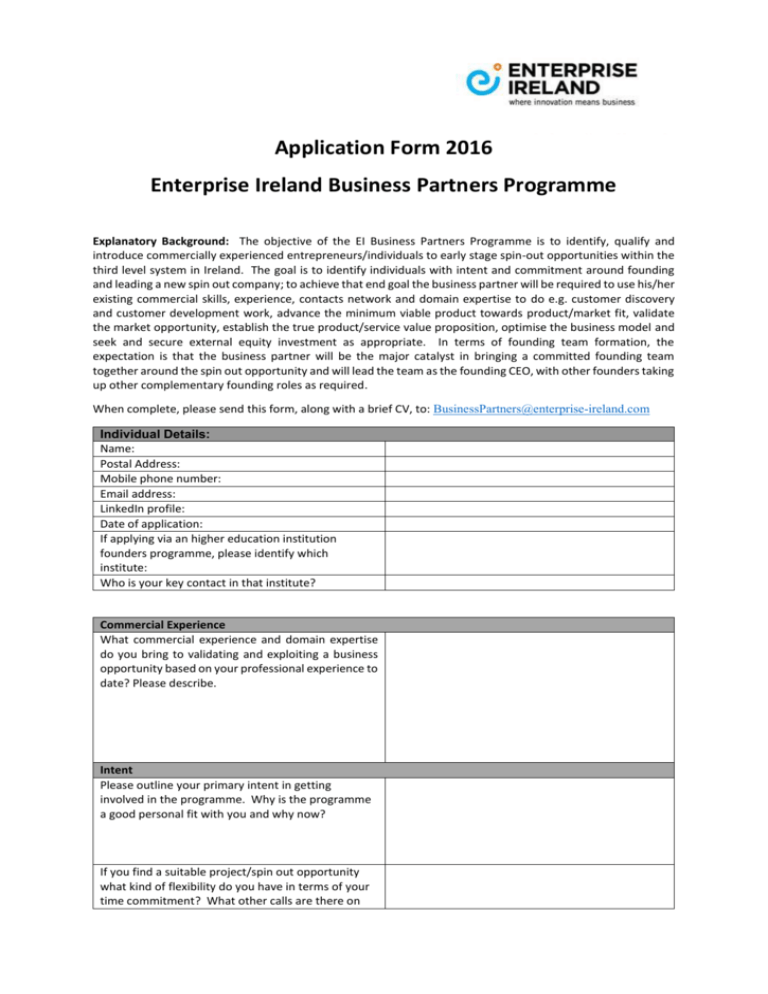 Application Form Enterprise Ireland