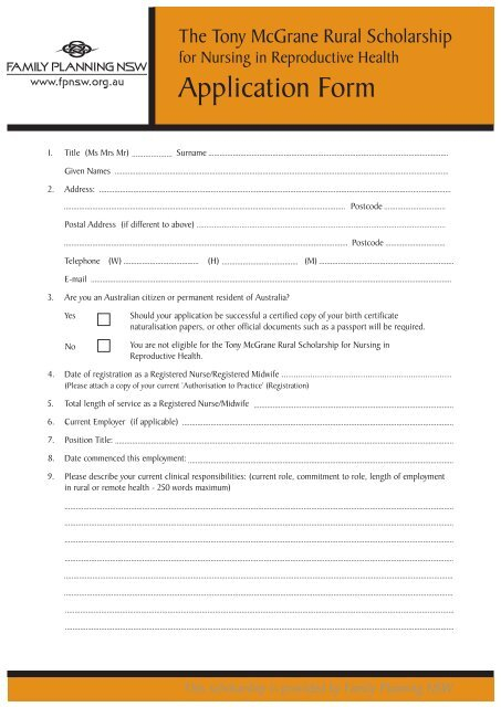Application Form Family Planning NSW