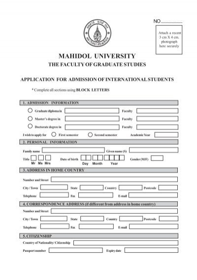 Application Form For Graduate Programme Mahidol University