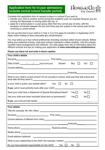 Application Form For In year Admissions Newcastle City Council