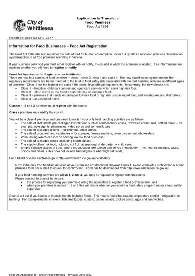 Application Form To Transfer Food Premises City Of Whittlesea