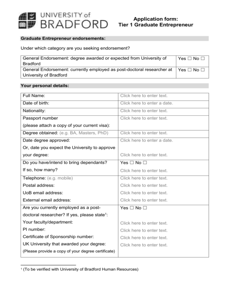 Application Form University Of Bradford