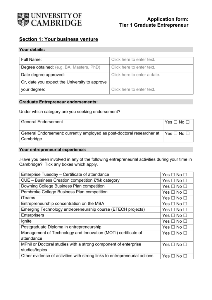 Application Form University Of Cambridge