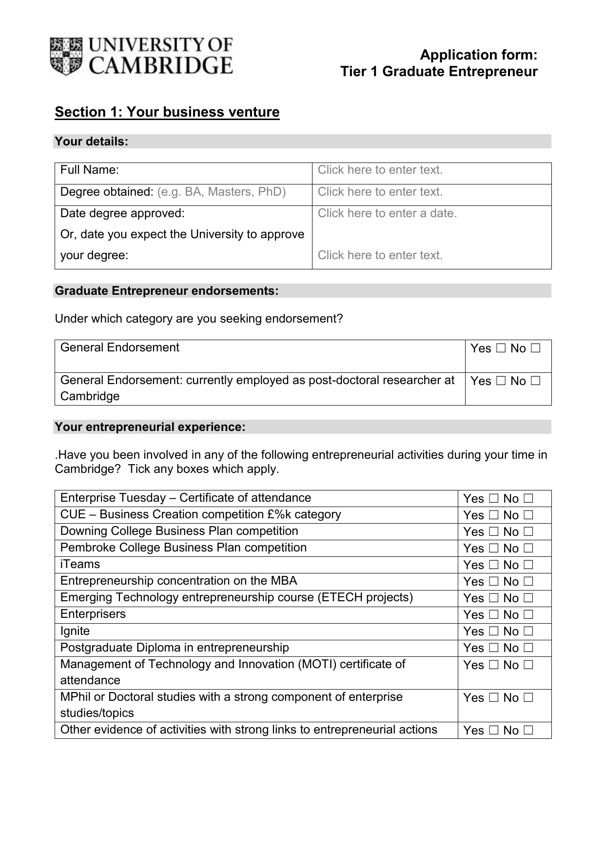 Application Form University Of Cambridge