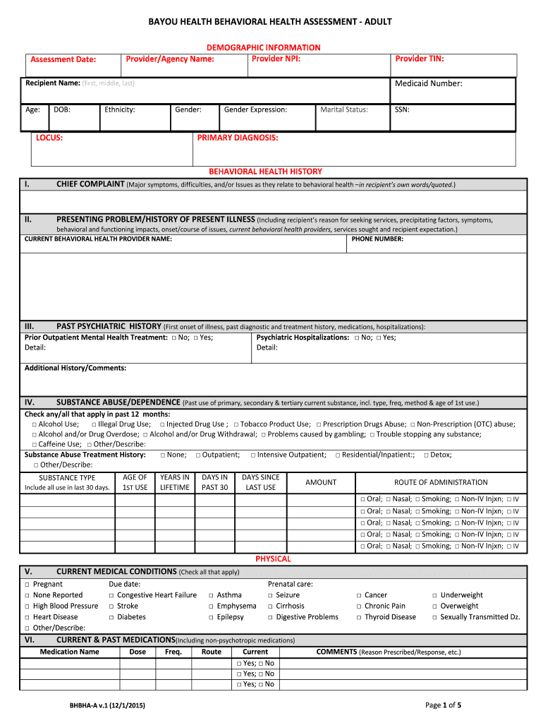 Bayou Health Behavioral Health Assessment Form Fill Out And Sign 