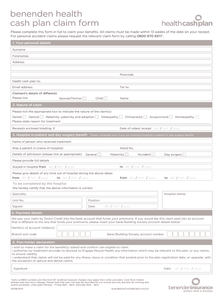 Benenden Cash Plan Fill Online Printable Fillable Blank PdfFiller