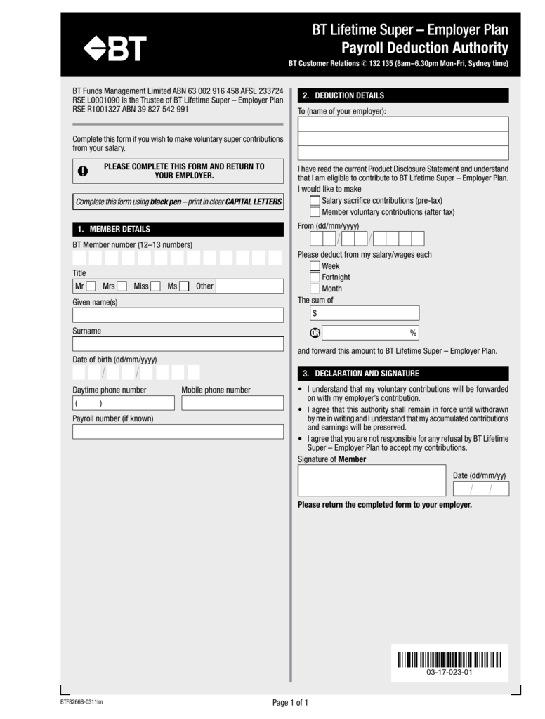 Bt Lifetime Super Employer Plan Application Form Employment Form