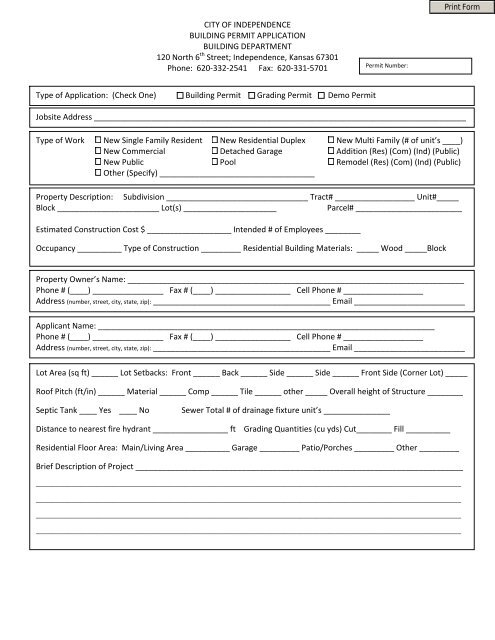 Building Permit Application Form City Of Independence Kansas