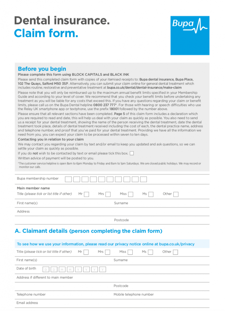 Bupa Cash Plan Dental Claim Form PlanForms